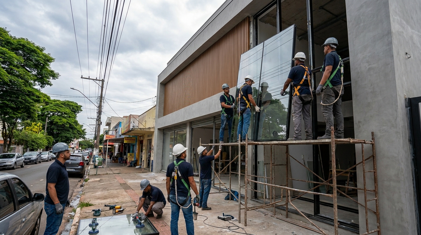 Fachada de vidro com andaime lateral em Governador Valadares-MG
